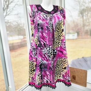 Pink & Blavk Colorful Animal Print Pleated Swing Dress